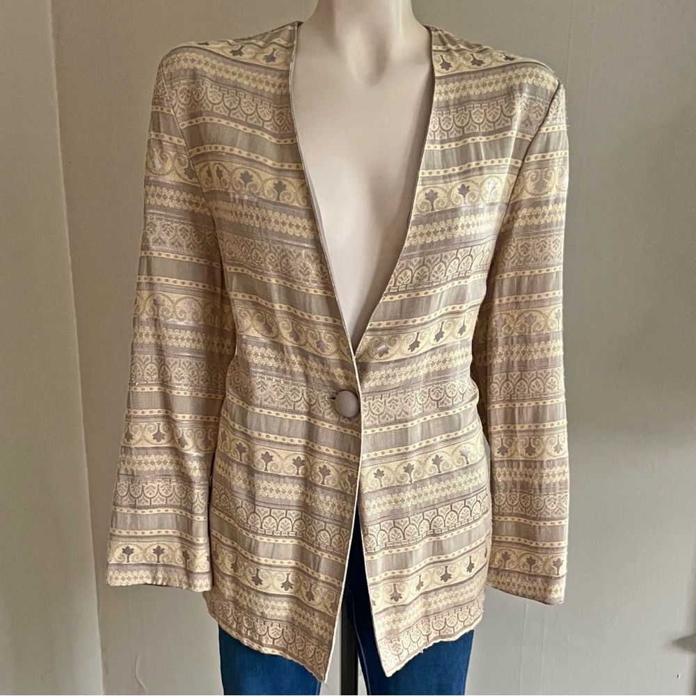 Vintage boho jacquard woven open front lightweight ornate jacket blazer S
